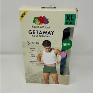 NEW-Fruit of the Loom Men’s Getaway Breathable Travel Trunks – 3 Pack, Size XL